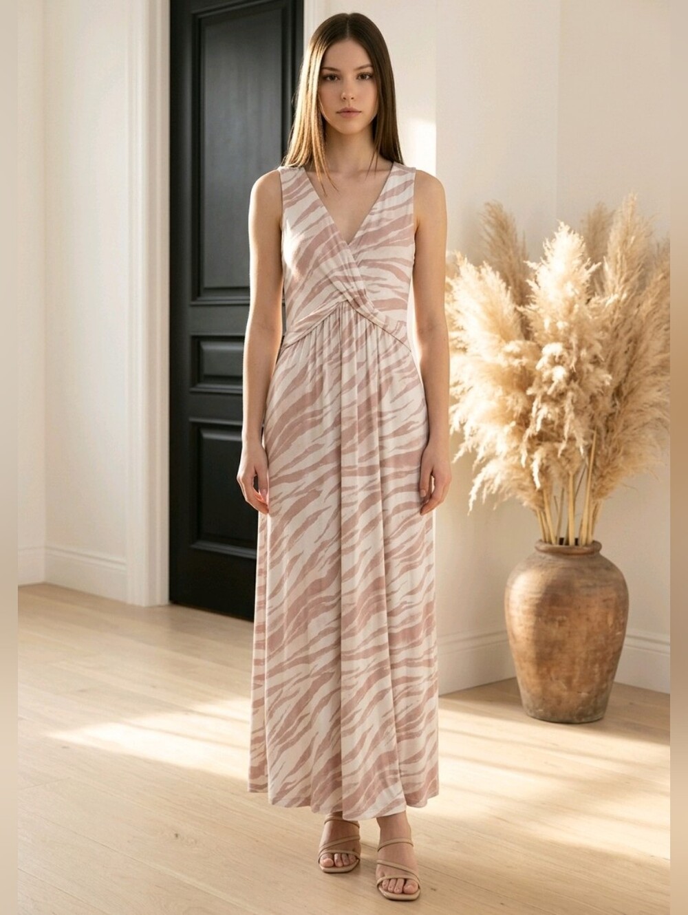 Soma Weekend Twist Front Blush Cream Zebra Print Maxi Dress Large W Bra